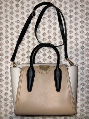 Beige and Black Structured Satchel Handbag